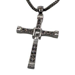 Men’s Rhinestone Cross Pendant Necklace Silver Box Chain
